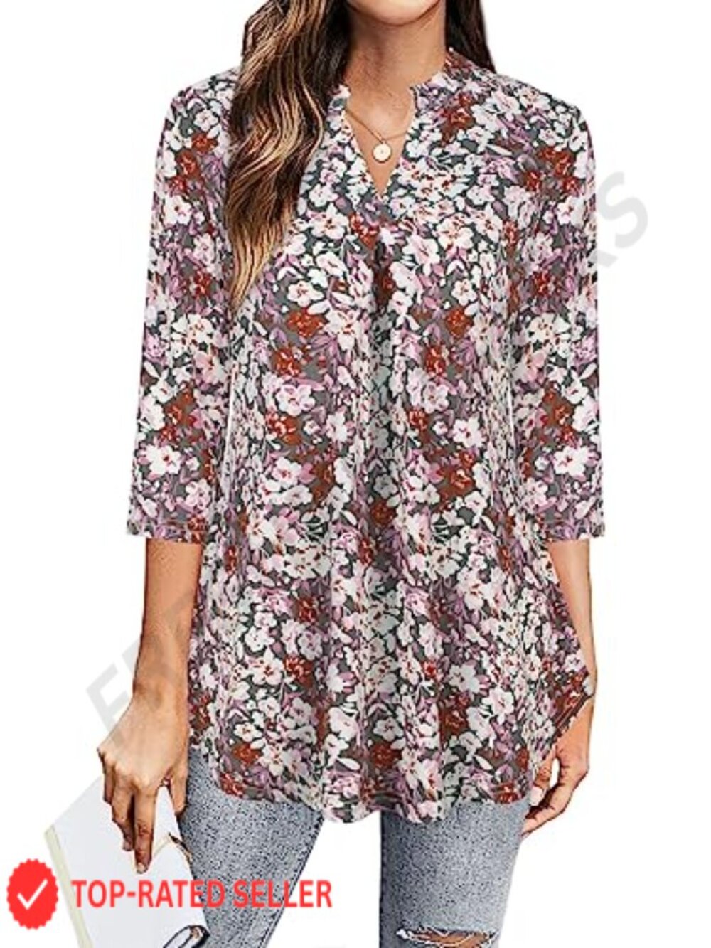 Womens 3/4 Sleeve V Neck Pleated Front Floral Blouse Business Casual Tunic Top